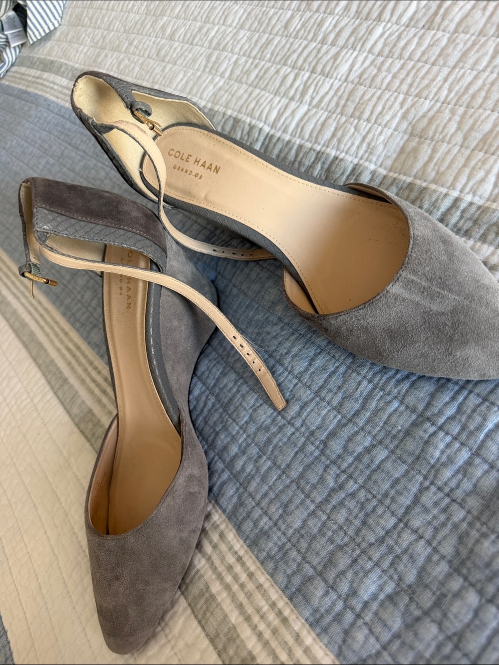 Cole Haan Gray Suede Pointed-Toe Ankle-Strap Flats - Picture 2 of 4